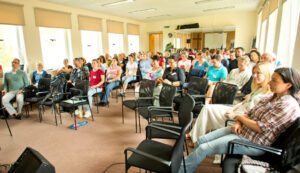 A packed conference hall.